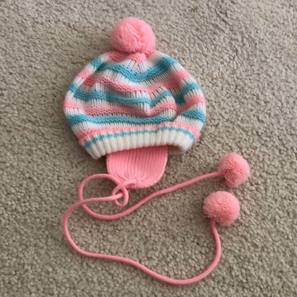 NWOT BABY KNIT HAT ear flaps and pom pom tie pink  white blue 0-3 months